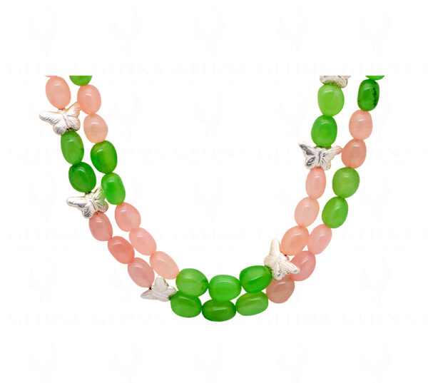2 Rows Necklace Of Rose Quartz & Prehnite With Butterfly Spacer Beads FN-1076