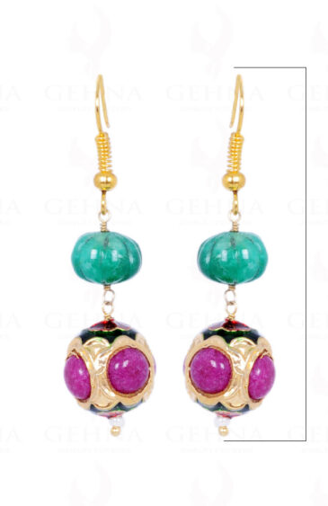 Emerald Gemstone Bead With Ruby Studded Jadau Ball Earrings LE01-1076