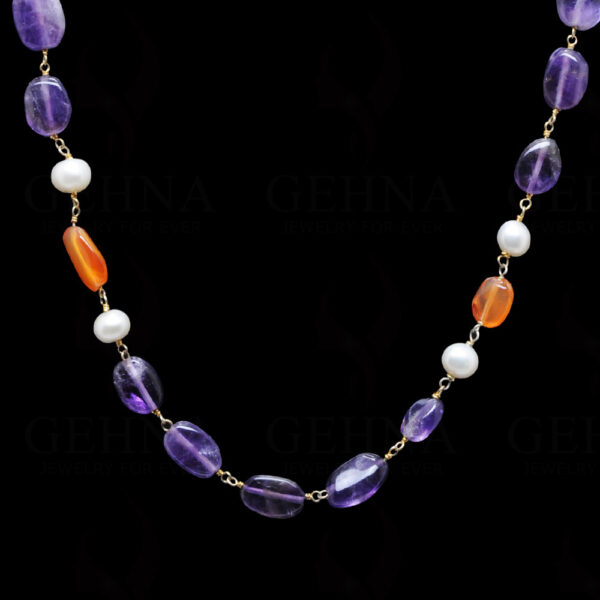 Pearl , Amethyst & Carnelian Bead Chain In .925 Sterling Silver Cm1076