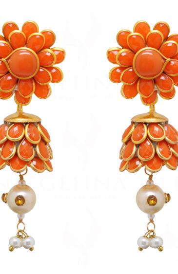 Orange Carnelian, White Sapphire & Pearl Studded Pachi Earrings FE-1077