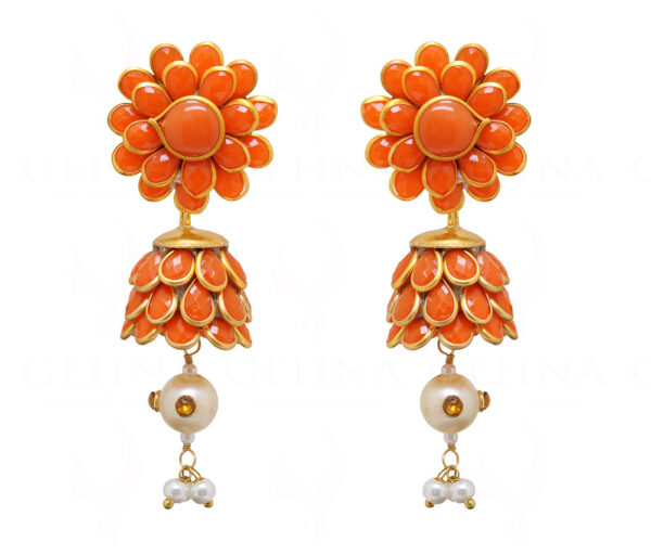 Orange Carnelian, White Sapphire & Pearl Studded Pachi Earrings FE-1077