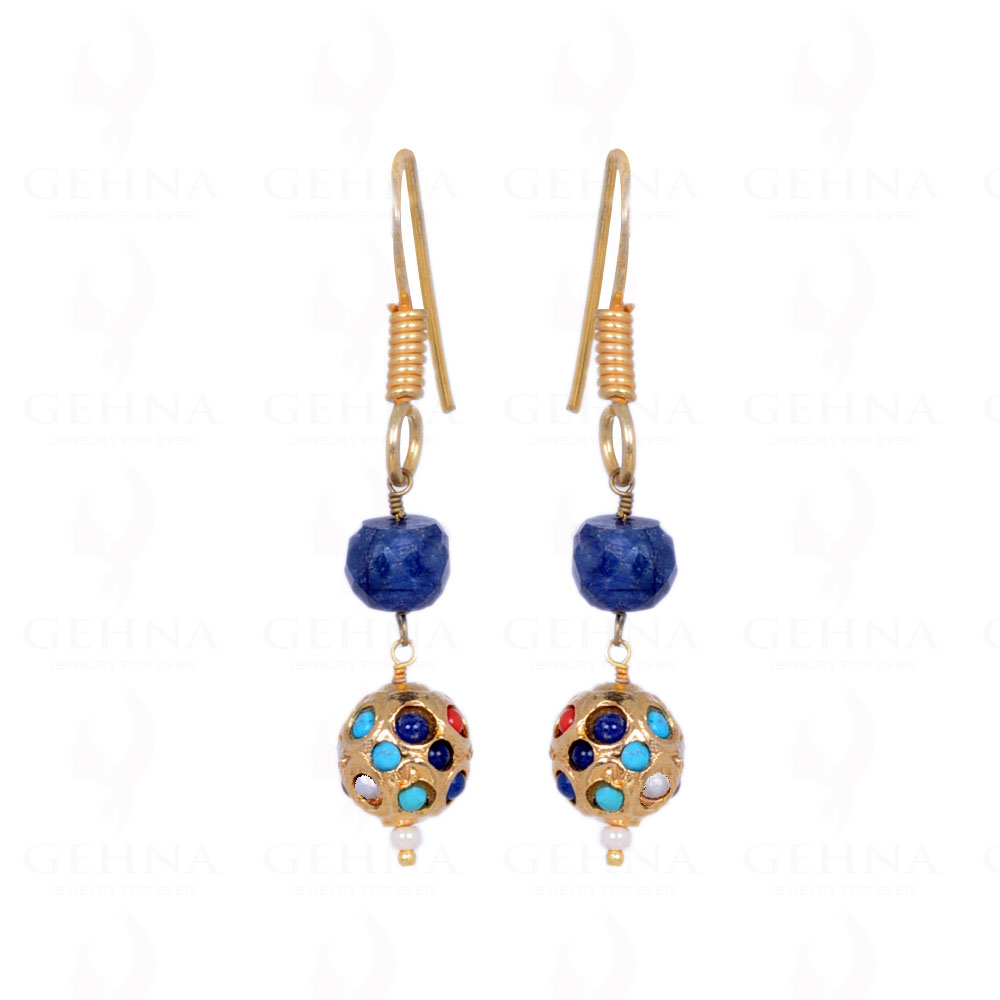 Blue Sapphire Bead With Navaratna Stone Studded Jadau Bead Earrings LE01-1077