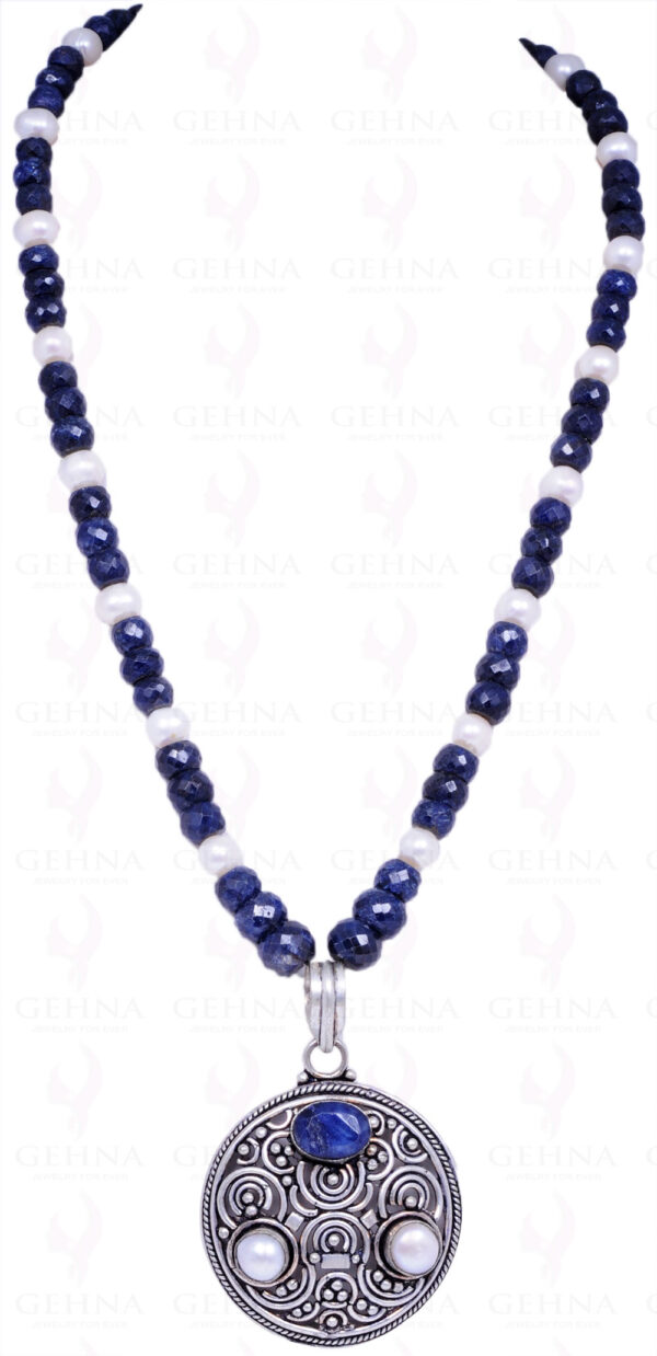 Pearl & Blue Sapphire Gemstone Bead With Blue Sapphire Silver Pendant NM-1077