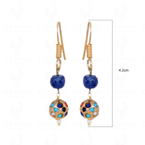 Blue Sapphire Bead With Navaratna Stone Studded Jadau Bead Earrings LE01-1077