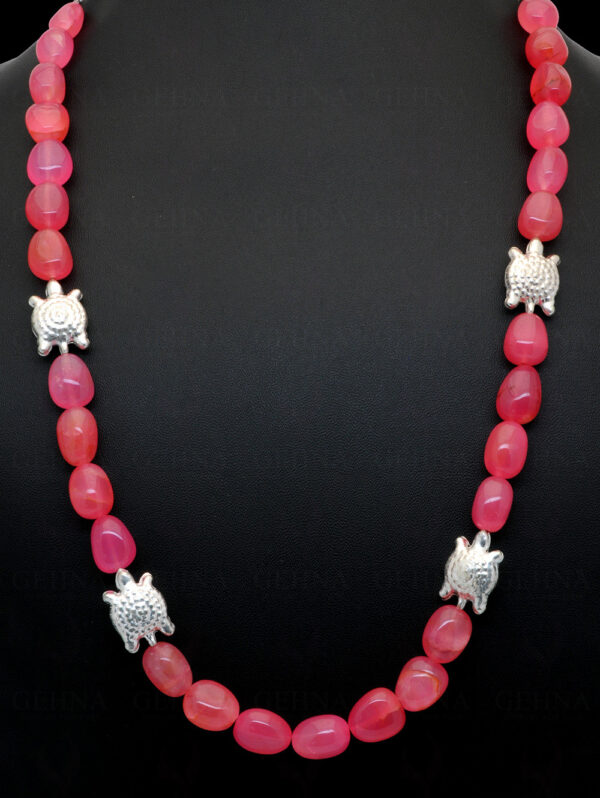 Necklace Of Chalcedony Tumbles With Silver Plated Tortoise Spacer Bead FN-1077