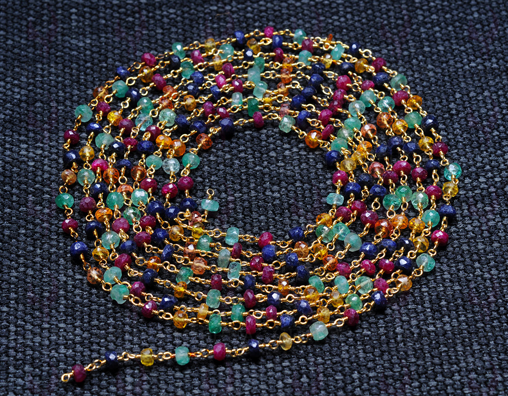 79" Inch Long Emerald, Ruby, Sapphire Beaded Chain CP-1078