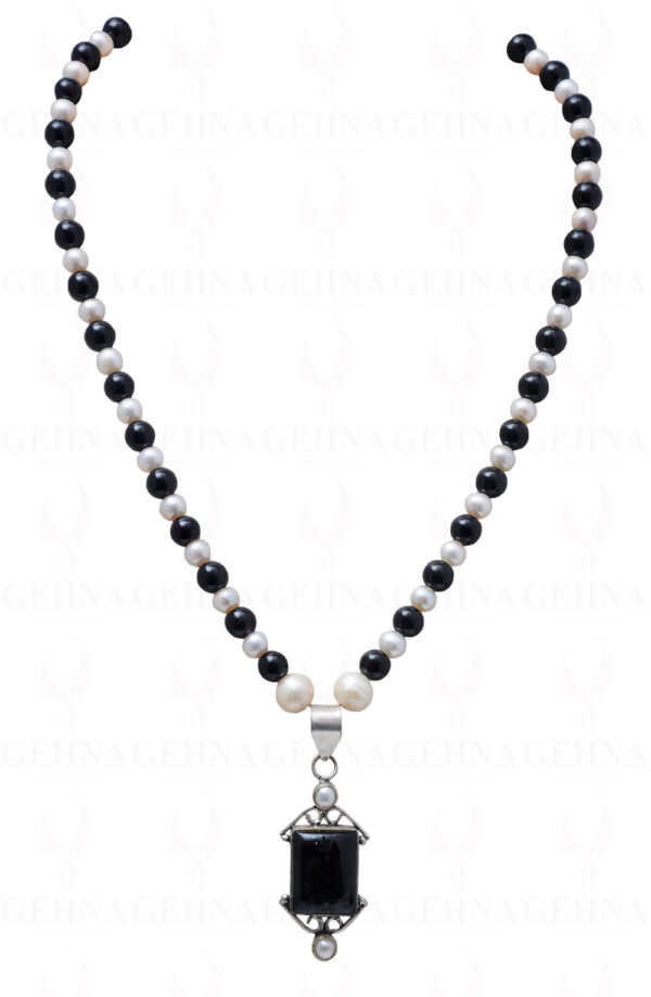 Pearl & Black Spinel Bead With Black Spinel Studded Silver Pendant NM-1078