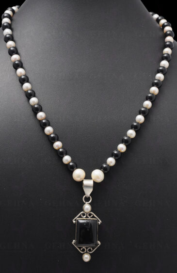 Pearl & Black Spinel Bead With Black Spinel Studded Silver Pendant NM-1078