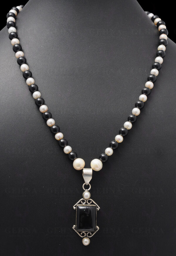 Pearl & Black Spinel Bead With Black Spinel Studded Silver Pendant NM-1078