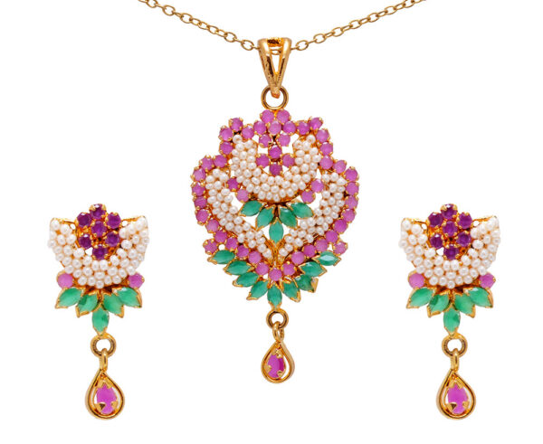 Ruby, Emerald & Pearl Studded Pendant & Earring Set FP-1079