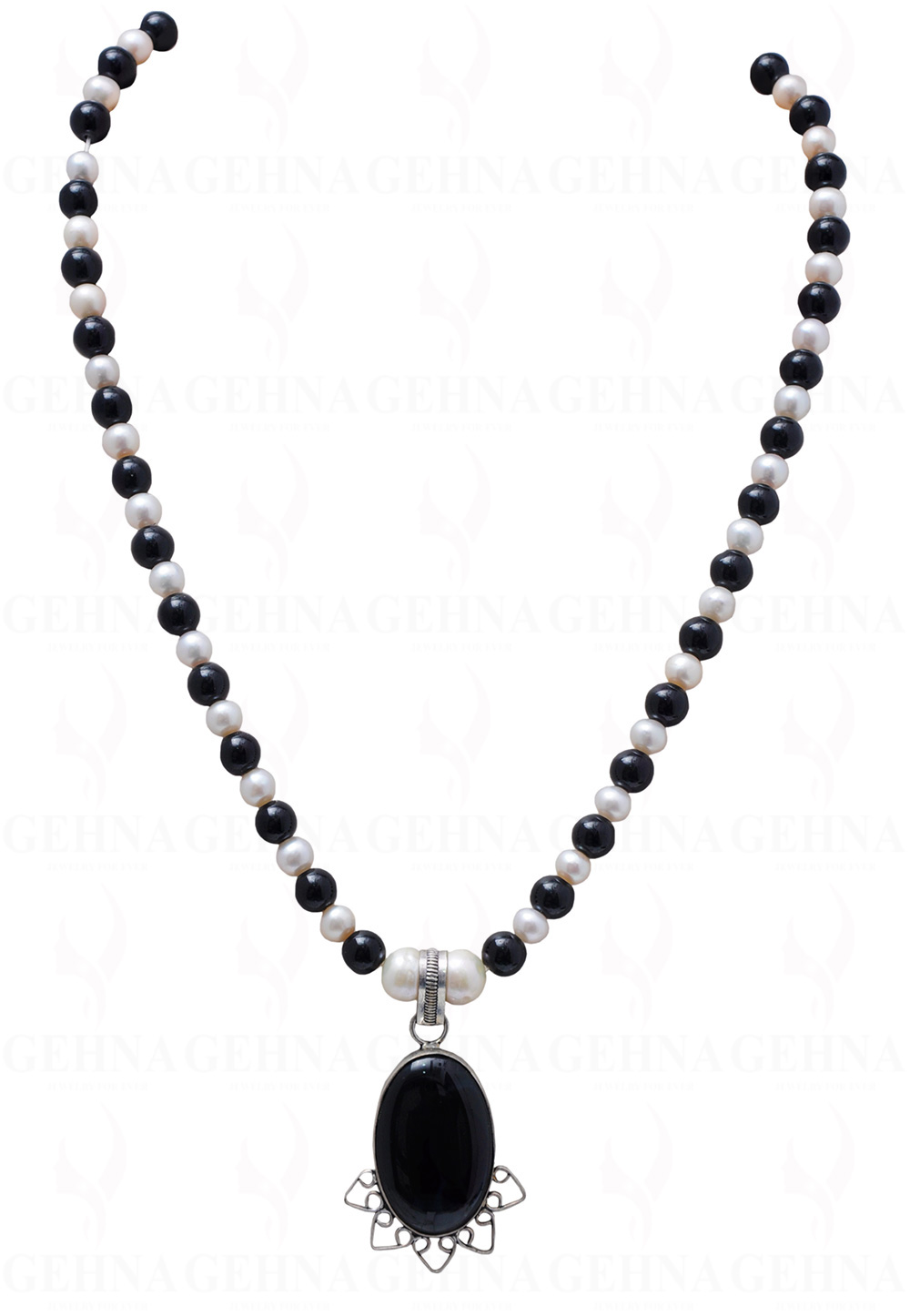 Pearl & Black Spinel Gemstone Bead With Black Spinel Studded Pendant NM-1079