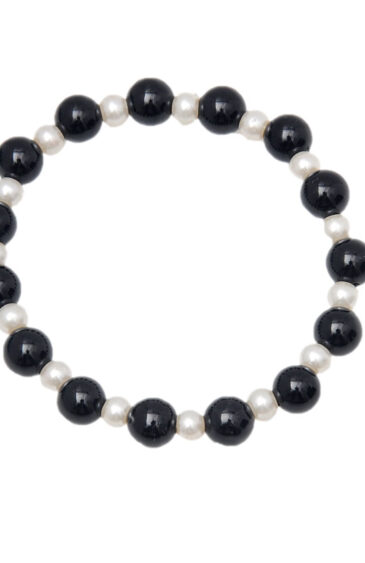 Pearl & Black Onyx Gemstone Beaded Flexible Bracelet BS-1079