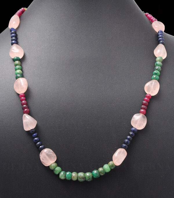 Emerald, Ruby, Blue Sapphire & Rose Quartz Gemstone Bead Necklace NS-1079