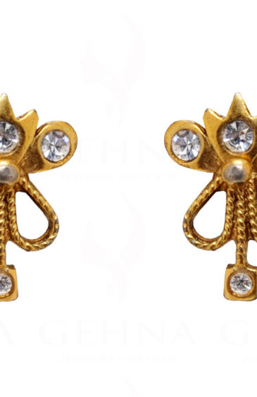 Simulated Diamond Studded Yellow Gold Plated Bow Shape Earrings FE-1080