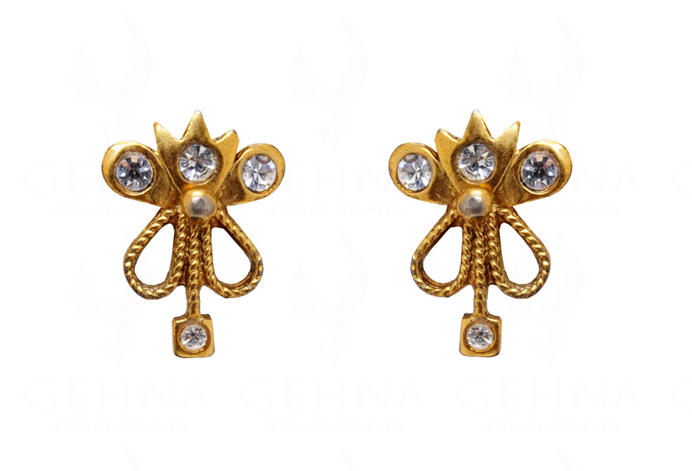 Simulated Diamond Studded Yellow Gold Plated Bow Shape Earrings FE-1080