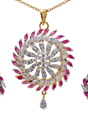 Cubic Zirconia & Ruby Studded Marquise Shape Pendant & Earring Set FP-1080