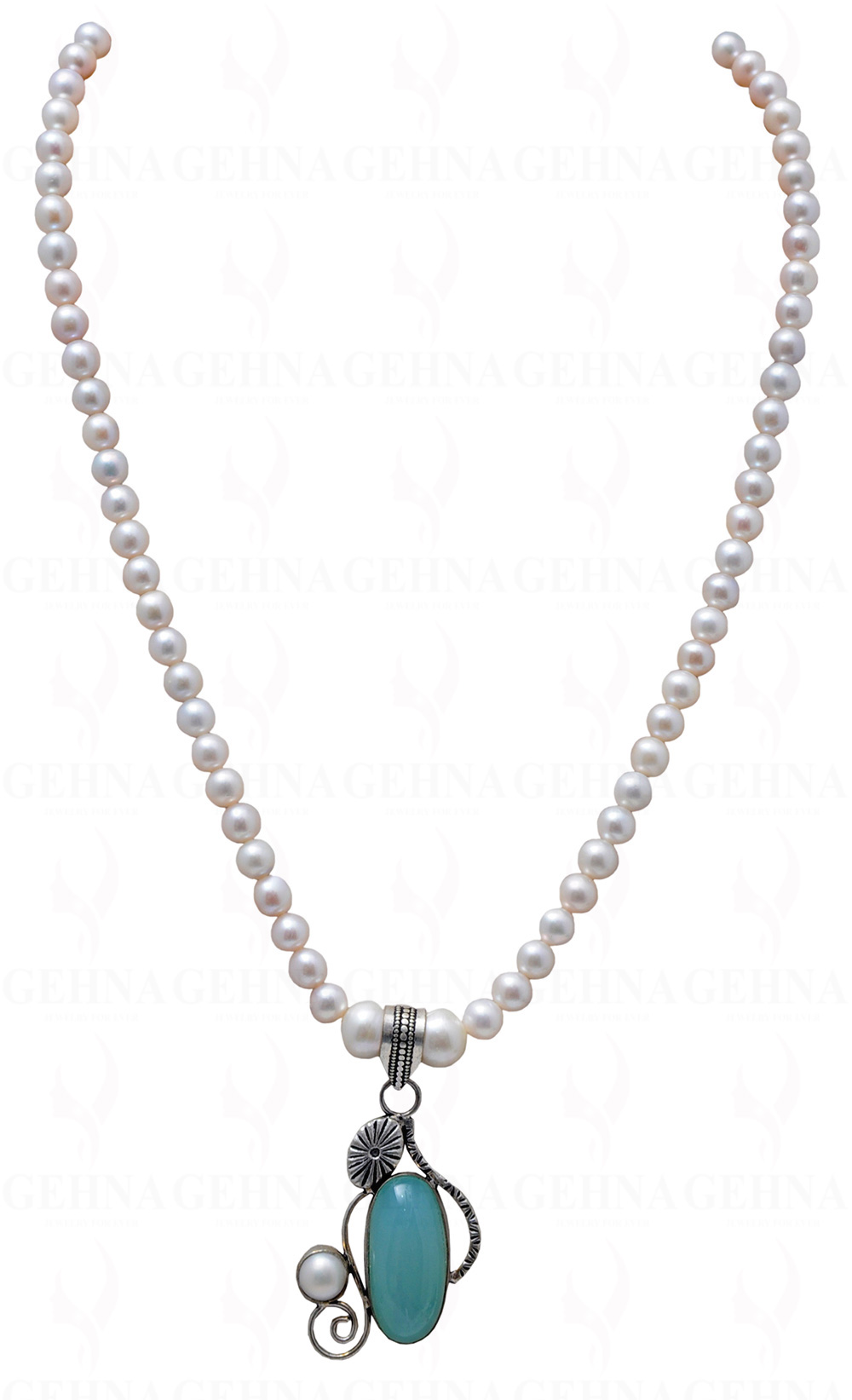 Pearl Bead Necklace With Pearl & Blue Chalcedony Studded Silver Pendant  NM-1080