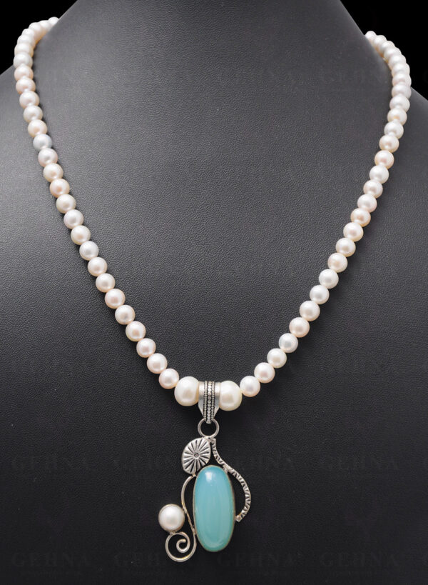 Pearl Bead Necklace With Pearl & Blue Chalcedony Studded Silver Pendant  NM-1080