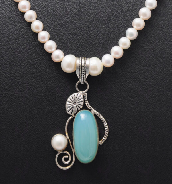 Pearl Bead Necklace With Pearl & Blue Chalcedony Studded Silver Pendant  NM-1080