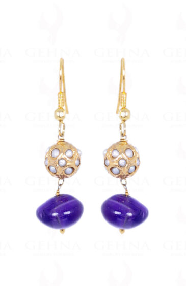 Amethyst Gemstone Bead With Pearl Studded Jadau Ball Earrings LE01-1081