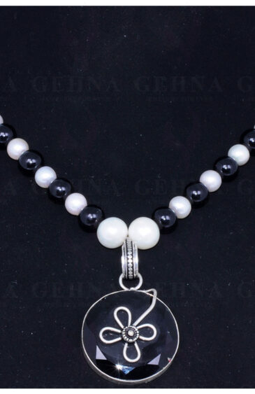 Pearl & Black Spinel Gemstone Bead Necklace With Black Spinel Pendant NM-1081