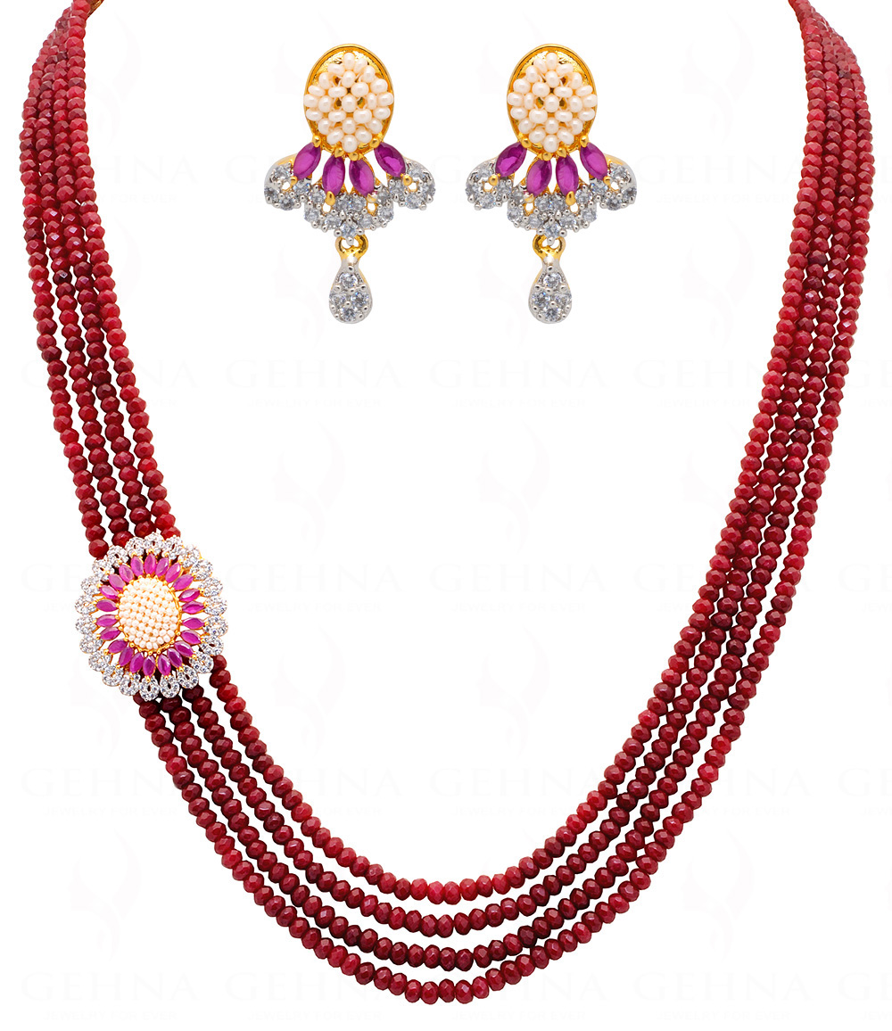 4 Row Of Ruby & Simulated Diamond Color Bead Necklace Set FN-1082