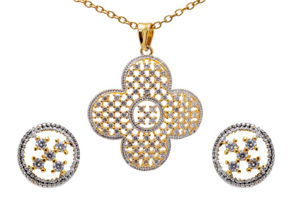 Elegant Cubic Zirconia Studded Clover Pendant & Earring Set FP-1082