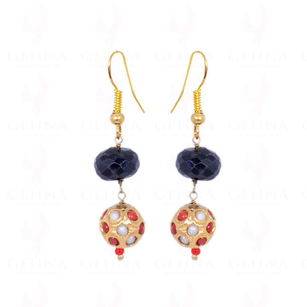 Blue Sapphire Bead With Pearl & Coral Studded Jadau Ball Earrings LE01-1082