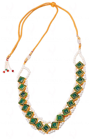 Emerald & Pearl Studded Necklace With Green Color Enamel Work FN-1083