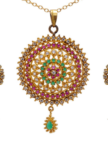 Traditional Ruby & Emerald Studded South Indian Pendant & Earring Set FP-1083