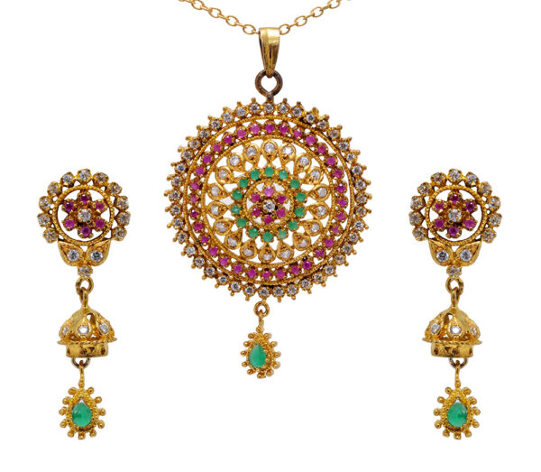 Traditional Ruby & Emerald Studded South Indian Pendant & Earring Set FP-1083