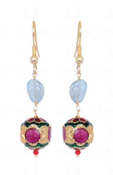 Aquamarine Gemstone Bead With Ruby Studded Jadau Bead Earrings LE01-1083