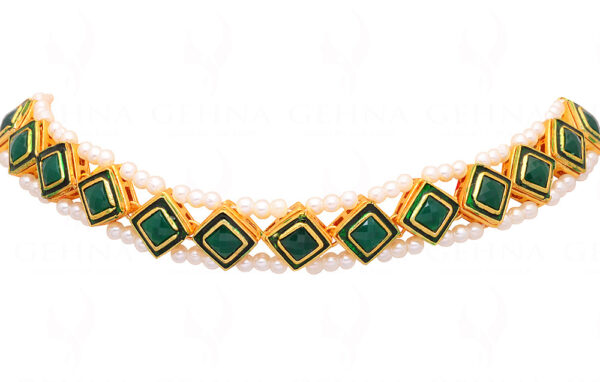 Emerald & Pearl Studded Necklace With Green Color Enamel Work FN-1083