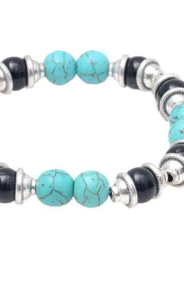 Turquoise & Onyx Gemstone Beaded Flexible Bracelet With Silver Element BS-1084