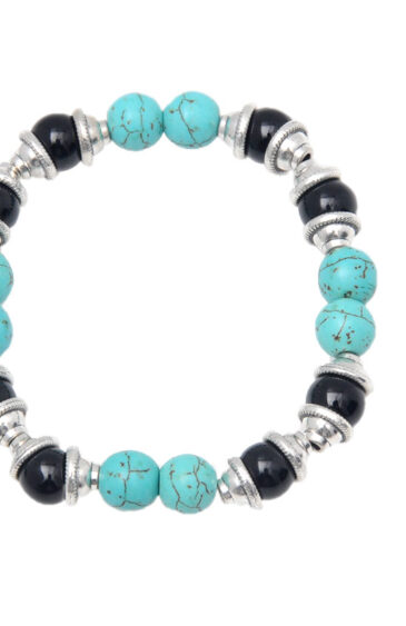 Turquoise & Onyx Gemstone Beaded Flexible Bracelet With Silver Element BS-1084