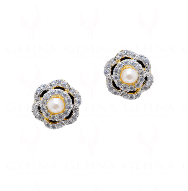Pearl & Simulated Diamond Studded Flower Shape Earrings FE-1085