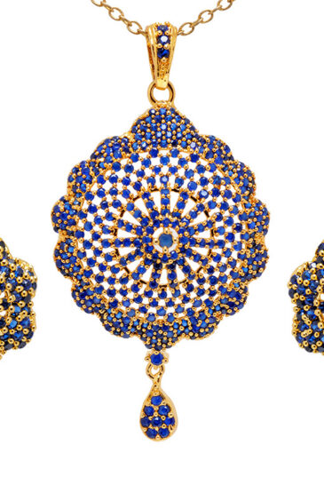 Elegant Blue Sapphire Studded With Golden Beads Pendant & Earring Set FP-1085