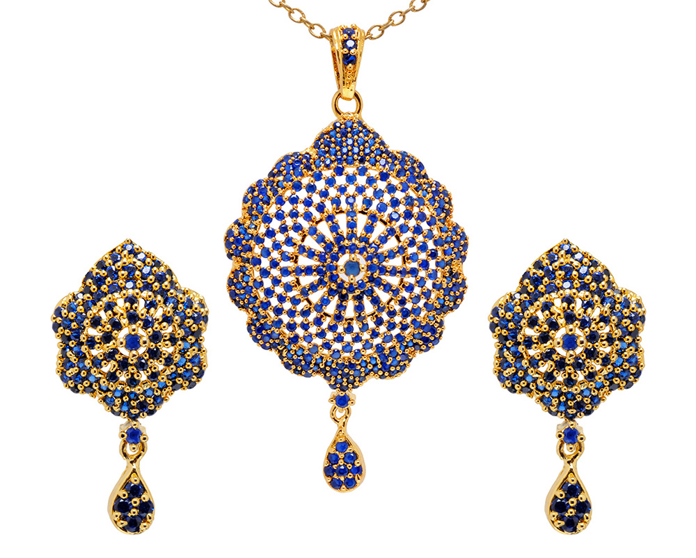 Elegant Blue Sapphire Studded With Golden Beads Pendant & Earring Set FP-1085