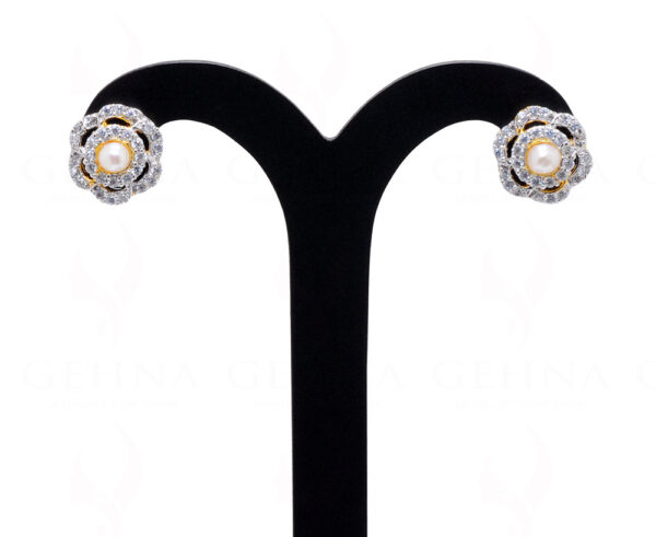 Pearl & Simulated Diamond Studded Flower Shape Earrings FE-1085