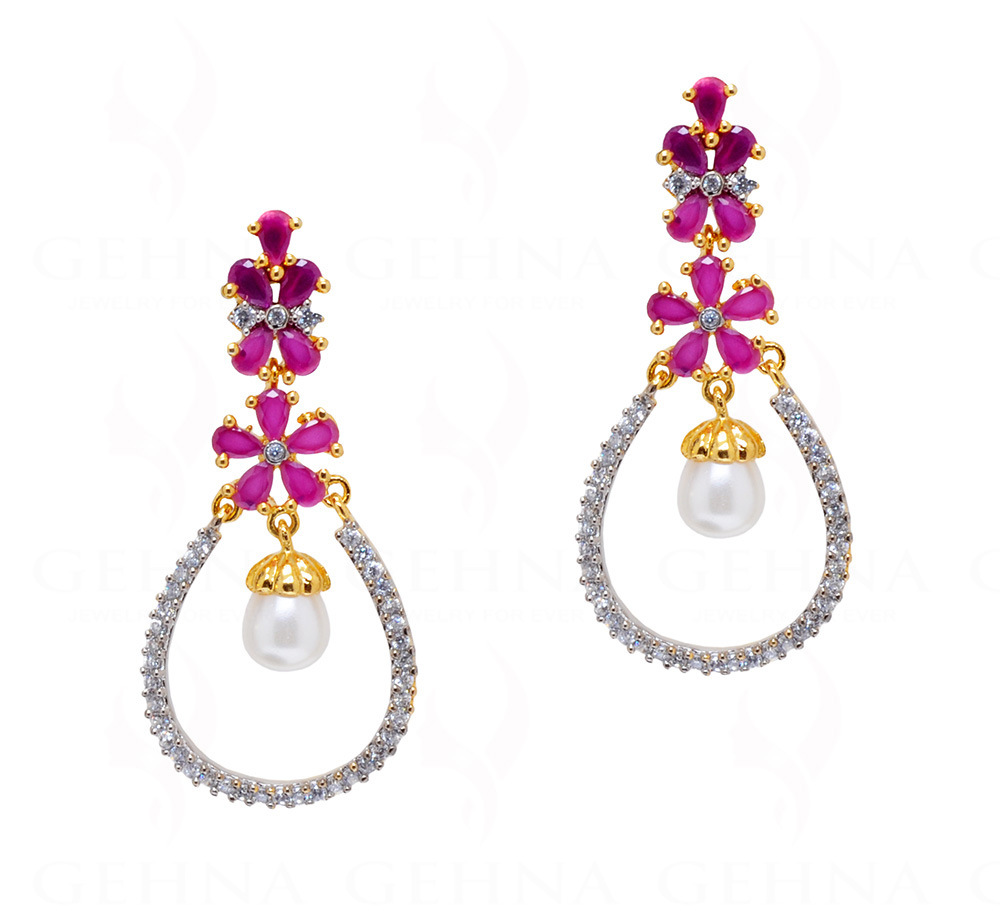 Pearl, Simulated Diamond & Ruby Studded Pear Shape Earrings FE-1086