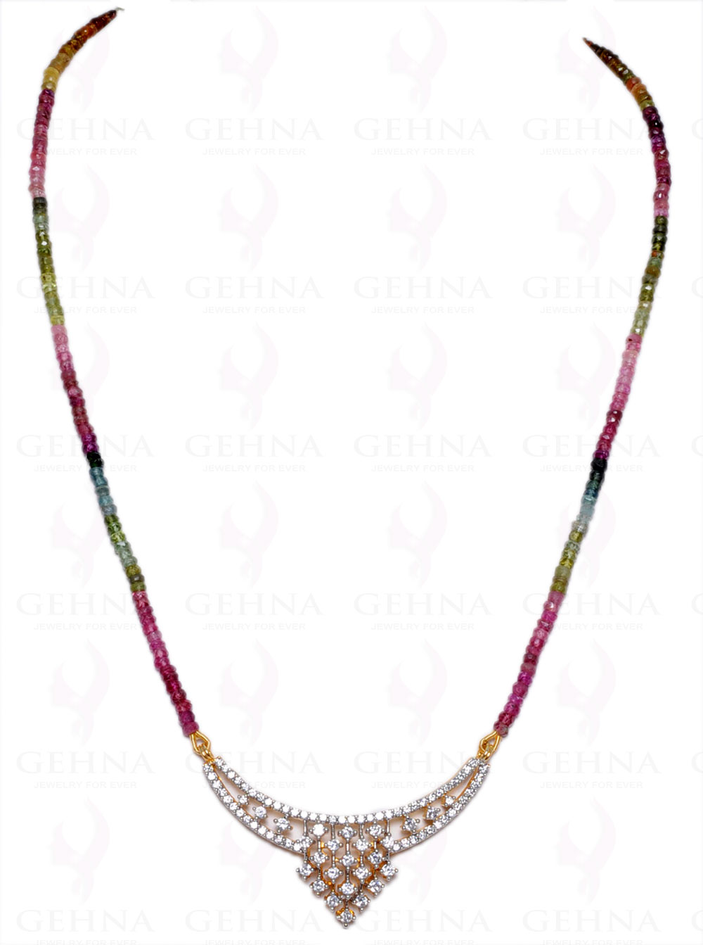 Multicolor Tourmaline Gemstone Faceted Bead Necklace With Silver Pendant NS-1086