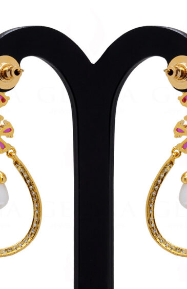 Pearl, Simulated Diamond & Ruby Studded Pear Shape Earrings FE-1086