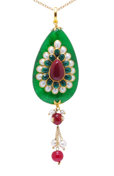 Stunning Pearl & Green Pacchi Studded Beautiful Pendant & Earring Set FP-1086