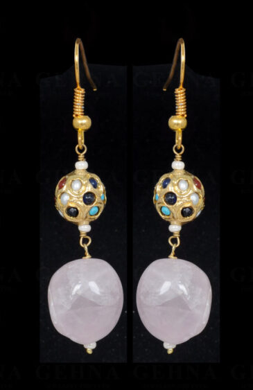 Rose Quartz Bead With Multiple Stone Studded Ball Shaped Earring LE01-1086