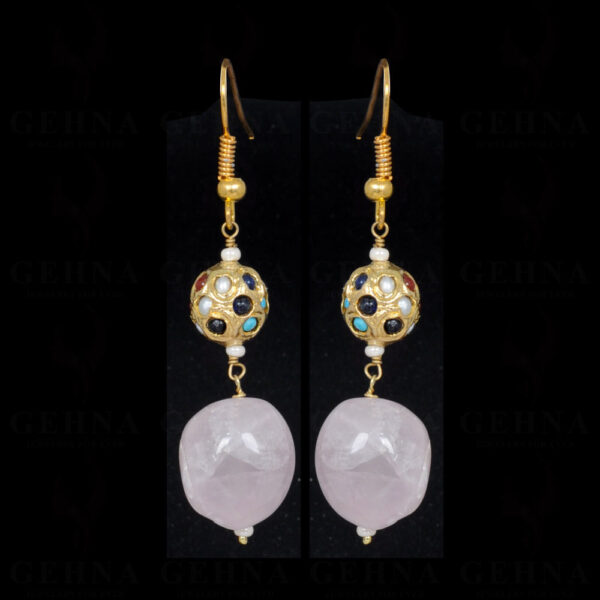 Rose Quartz Bead With Multiple Stone Studded Ball Shaped Earring LE01-1086