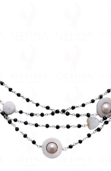Pearl & Black Spinel Gemstone Necklace Knotted In Chain In.925 Silver Cm1087