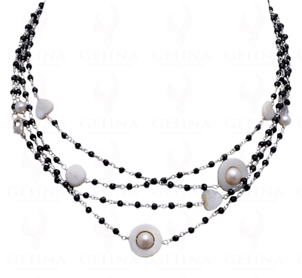 Pearl & Black Spinel Gemstone Necklace Knotted In Chain In.925 Silver Cm1087