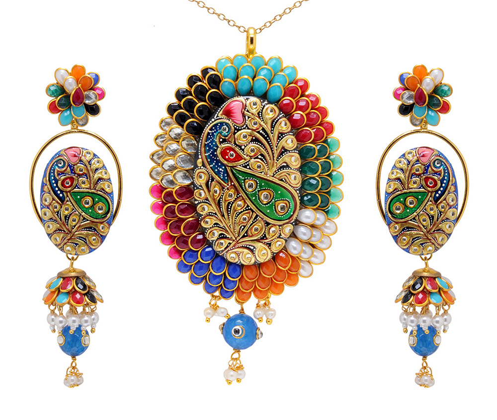 Multi Colorstone Studded Pacchi Work Pendant & Earring Set FP-1087