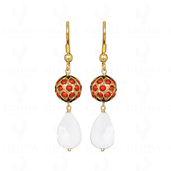 Mother Of Pearl Bead With Coral Studded Jadau Ball Earrings LE01-1087