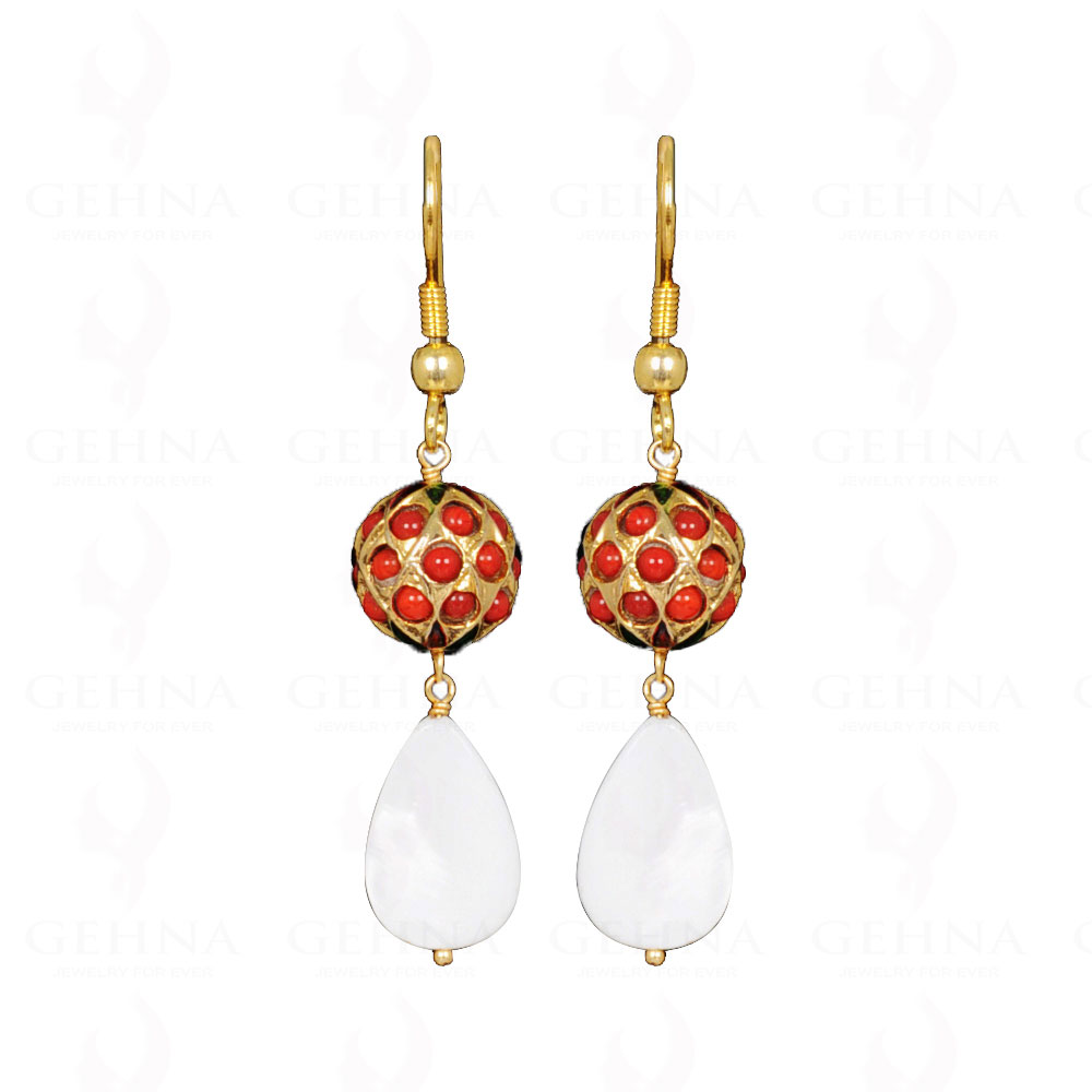 Mother Of Pearl Bead With Coral Studded Jadau Ball Earrings LE01-1087